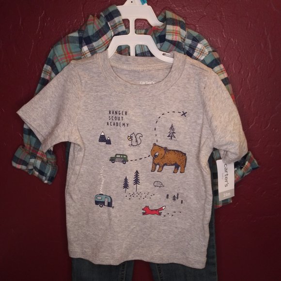 Carter's 3pc set Plaid Hooded Flannel Camper Inspired Graphic Tee Denim Pants - Picture 2 of 2
